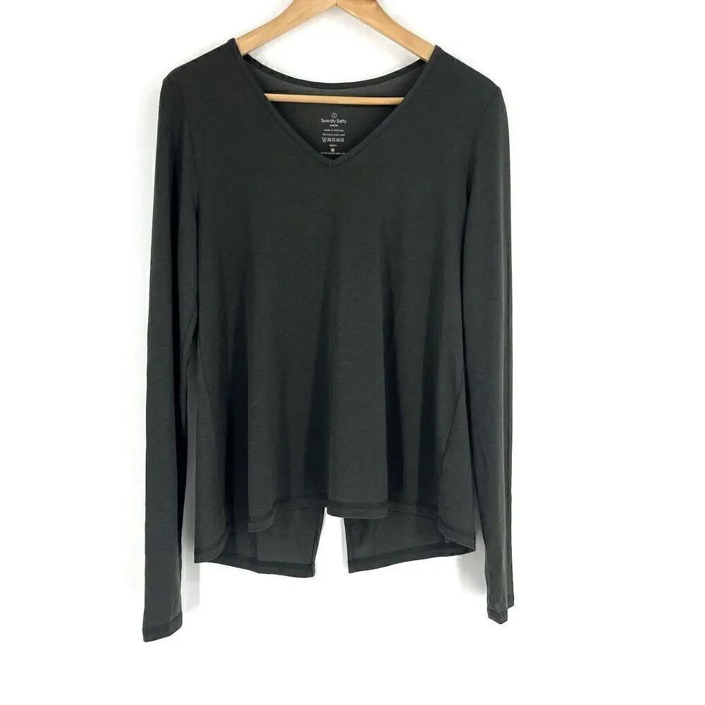 Sweaty Betty Top Size Small Womens Olive Green Split Back Long Sleeve Yoga Shirt